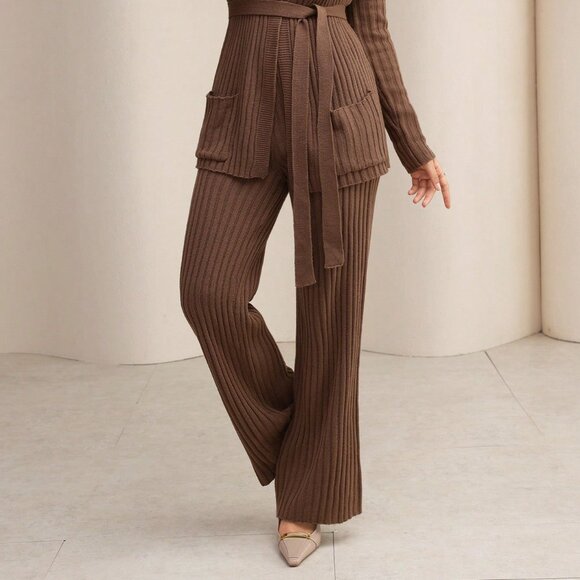 Camel Casual Women's Tie-Up Long Sleeve Knitted Cardigan And Knitted Pants Set - Picture 6 of 8